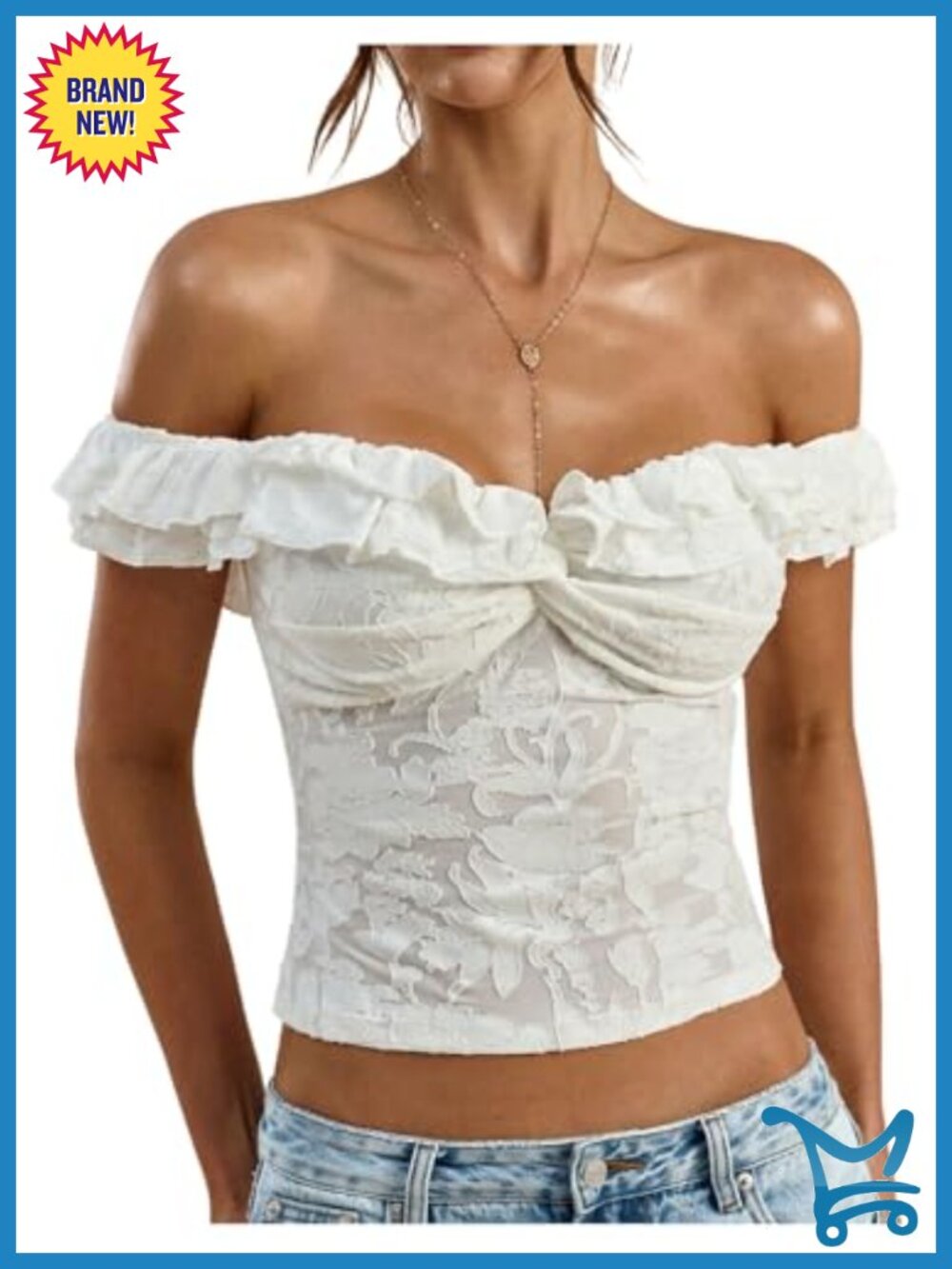 Women's Lace Off Shoulder Sheer Mesh Ruffle Crop Top Shirt